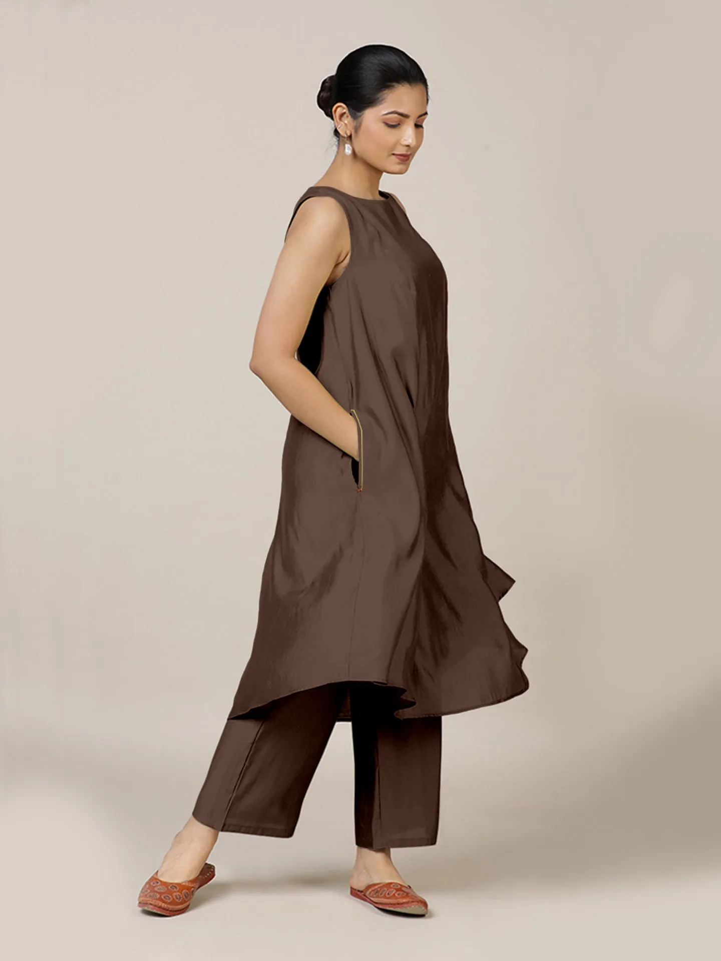 Anoki x Rozaana | A Line Kurta in Walnut Brown with Thread Work | Coords or Only Kurta