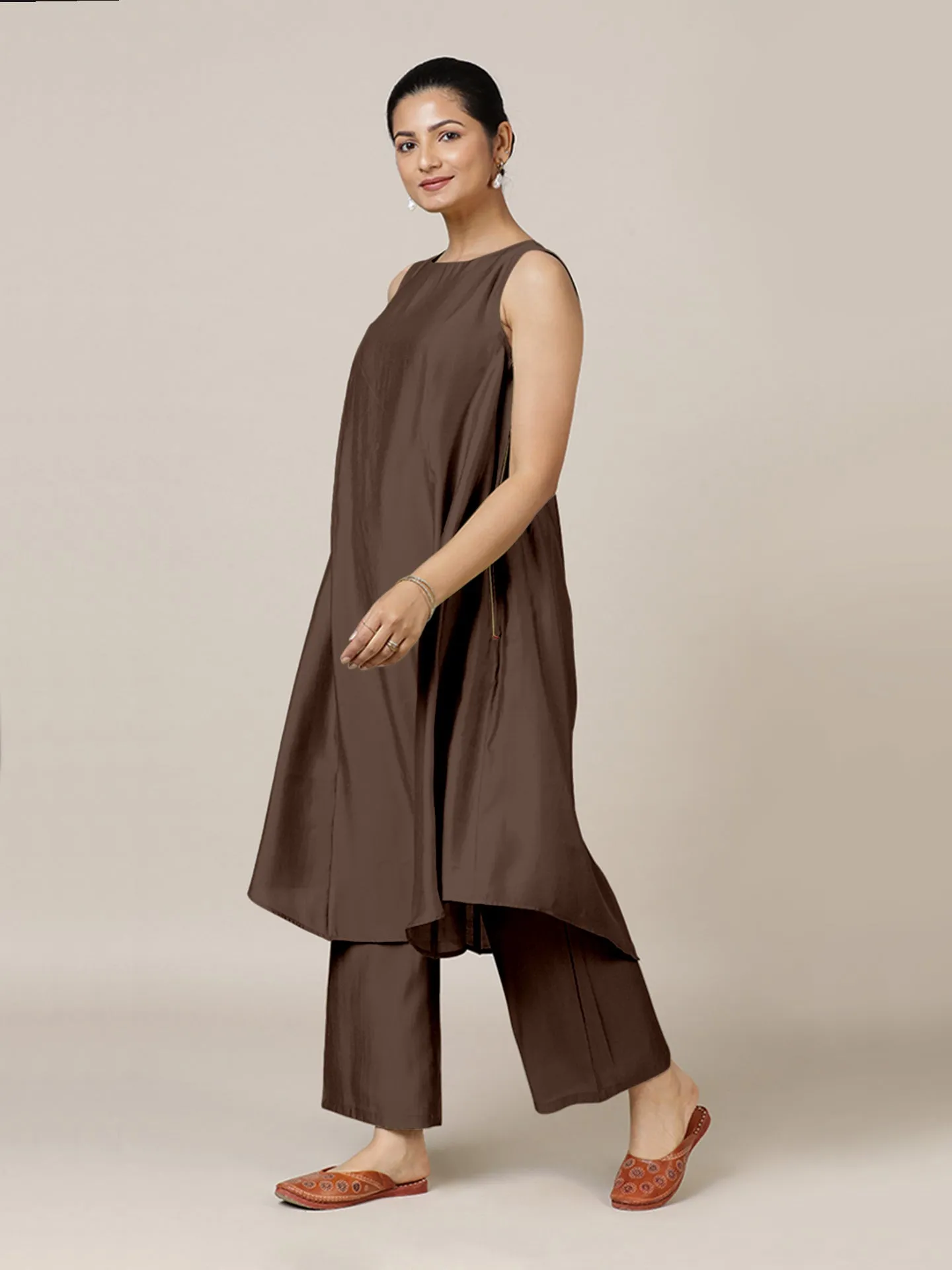 Anoki x Rozaana | A Line Kurta in Walnut Brown with Thread Work | Coords or Only Kurta