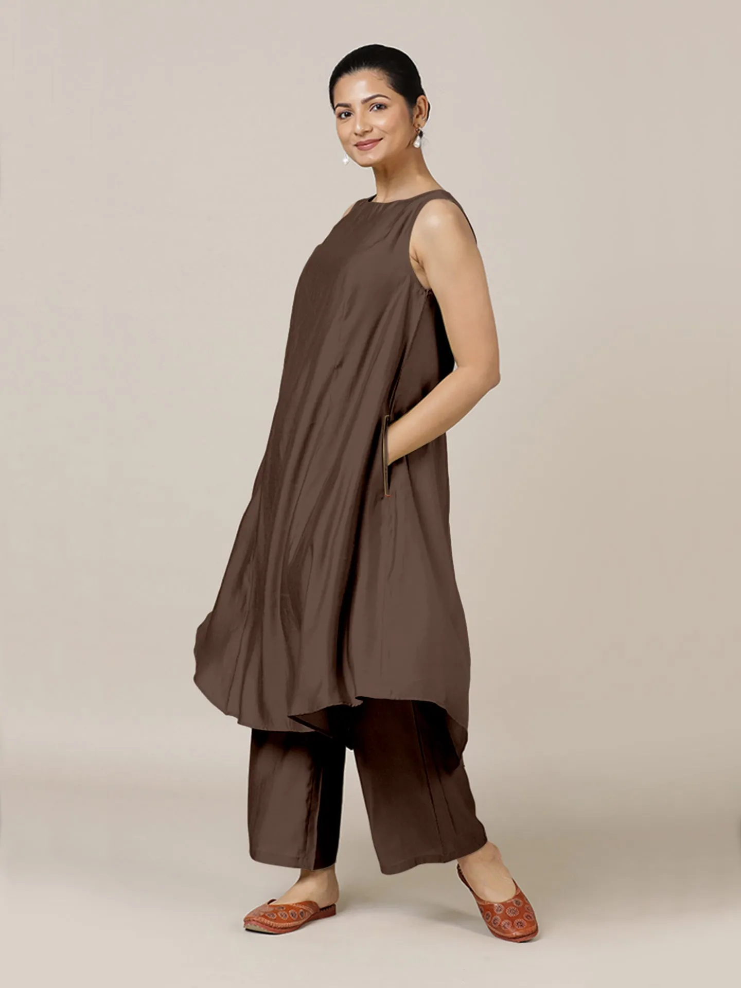 Anoki x Rozaana | A Line Kurta in Walnut Brown with Thread Work | Coords or Only Kurta