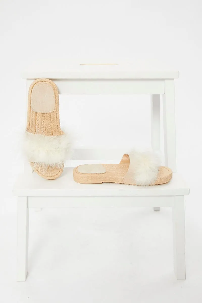 Beige Faux Fur Fluffy Flat Slides