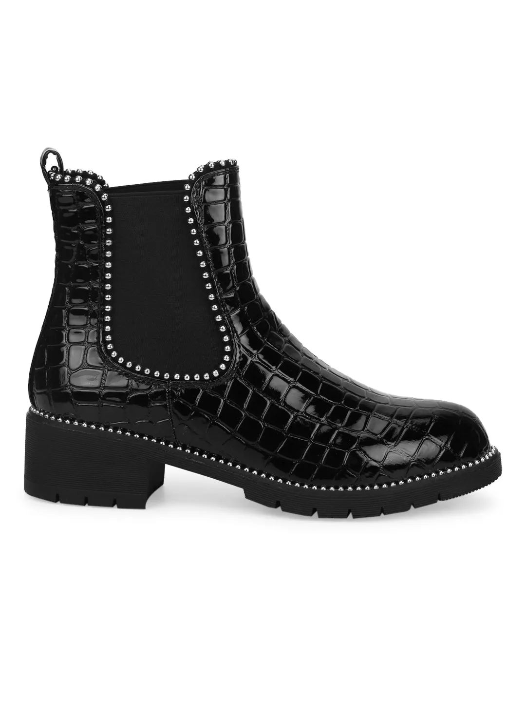 Black Croc Patent Studded Ankle Boots