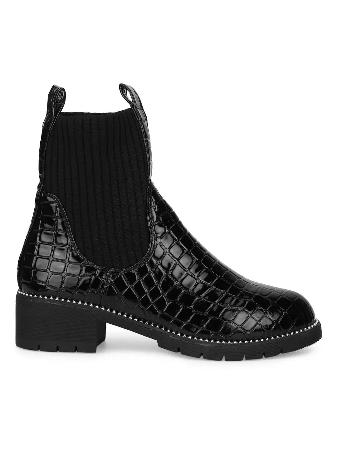 Black Croc Patent Studded Sock Ankle Boots