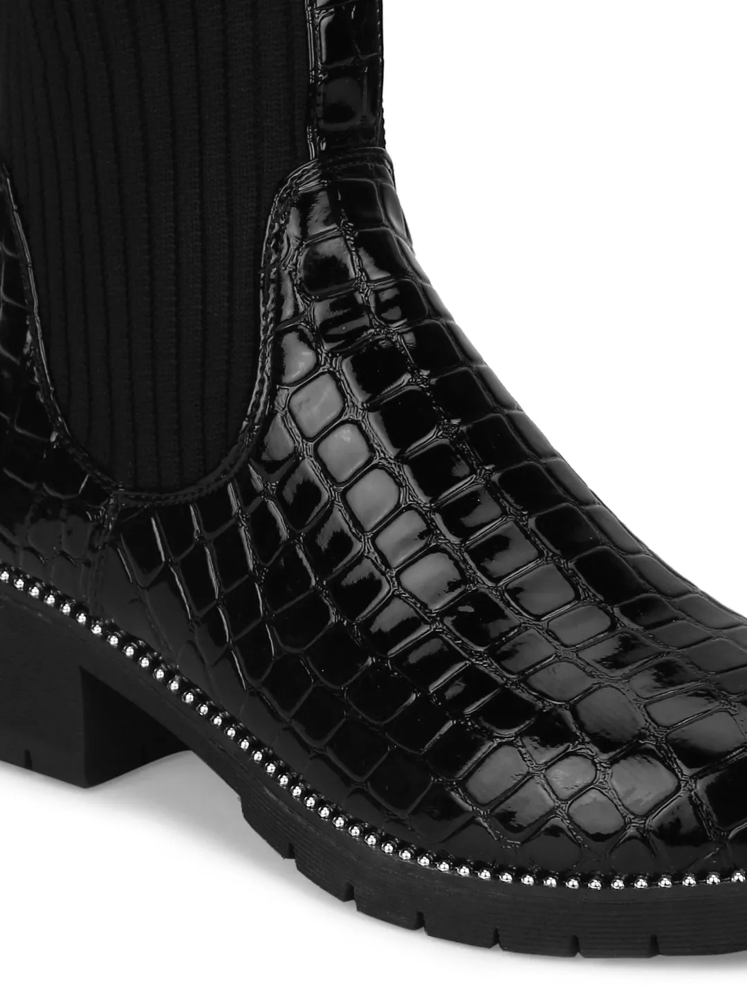 Black Croc Patent Studded Sock Ankle Boots