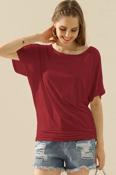 Boat Neck Short Sleeve Ruched Side Top