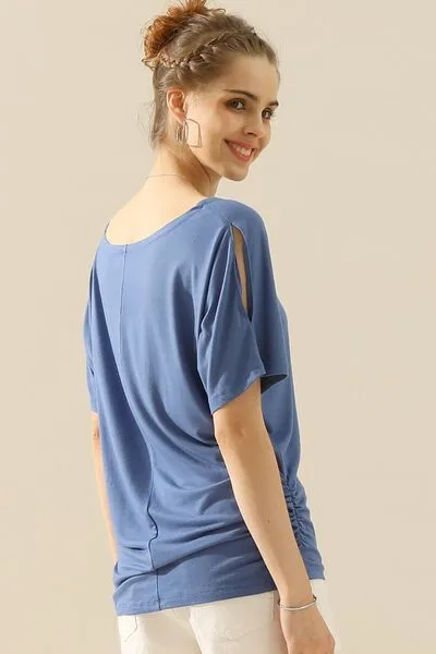 Boat Neck Short Sleeve Ruched Side Top