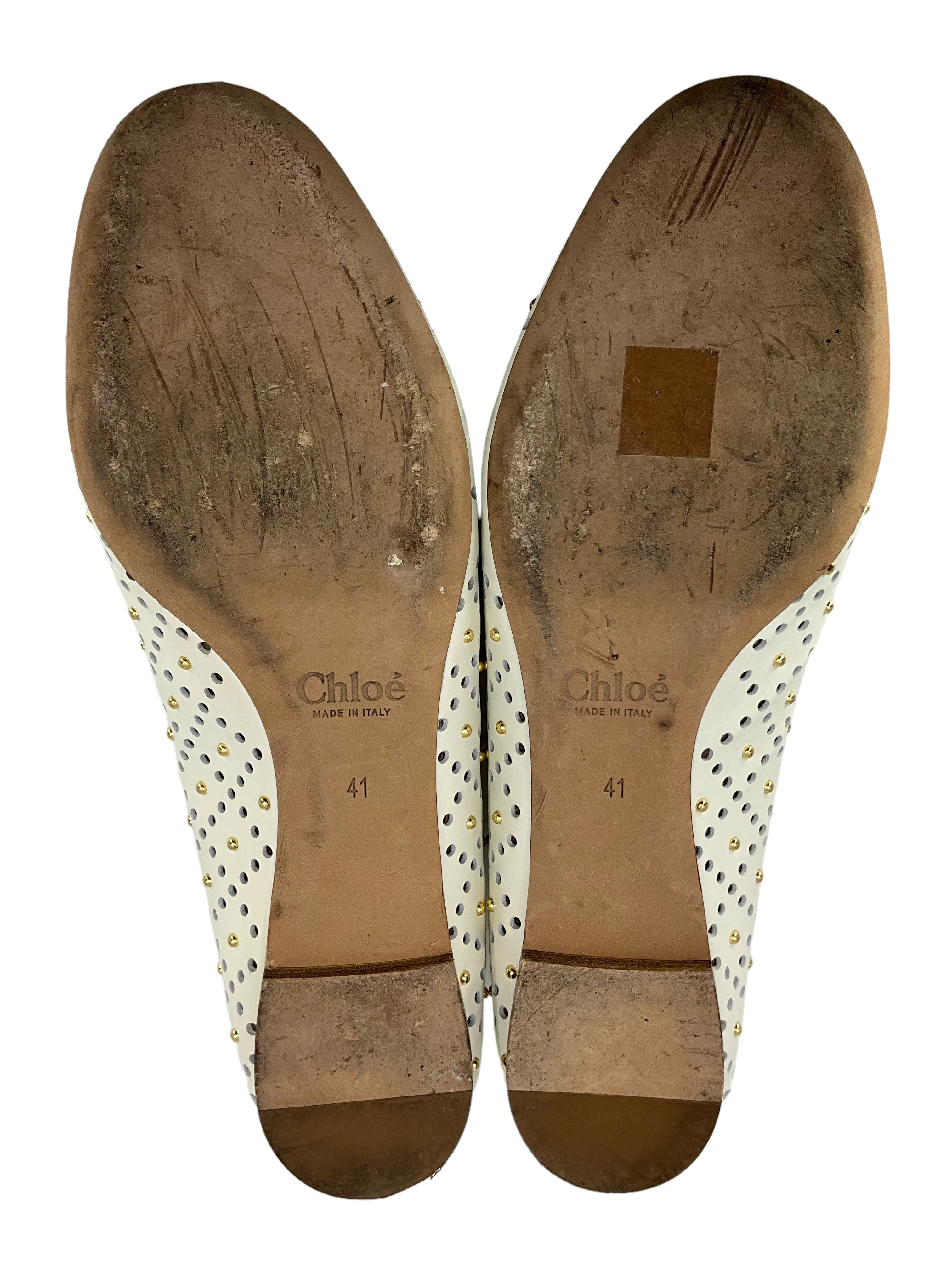 Chloe White Lasercut And Studded Leather Flats Size 11