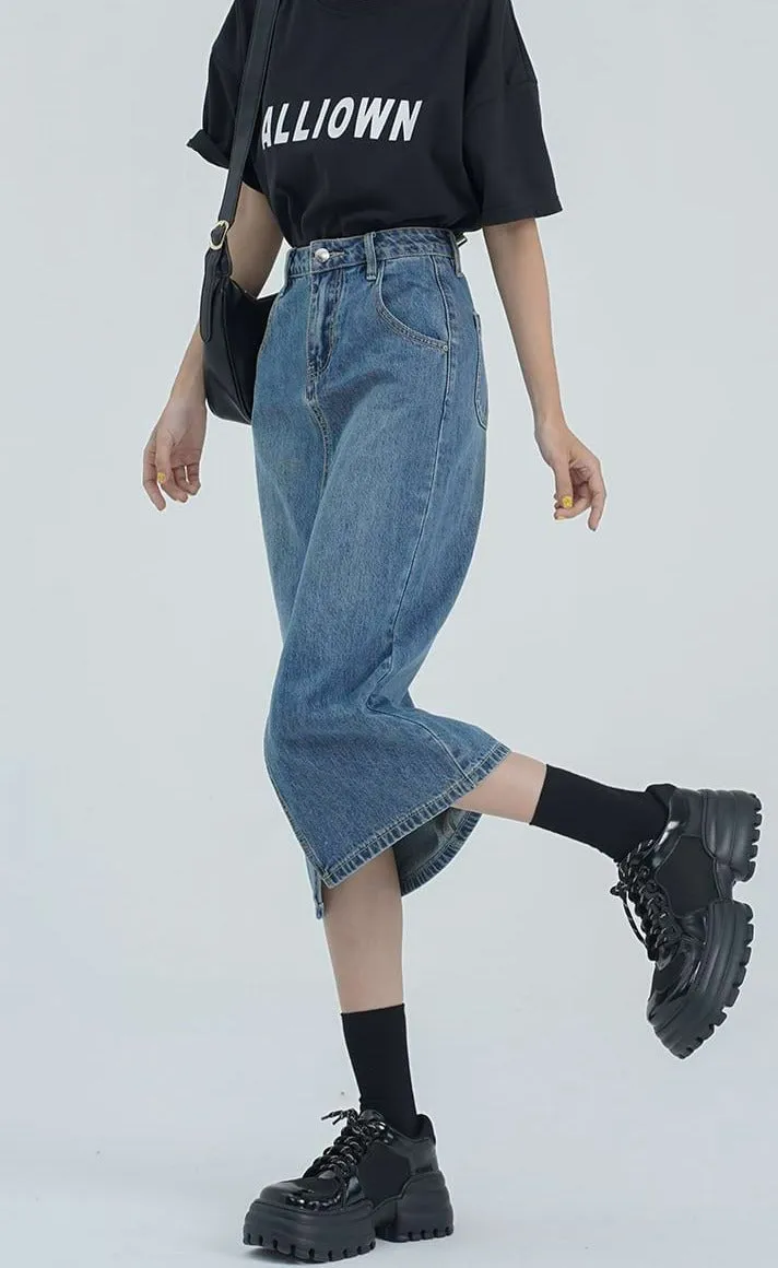 Classic Midi Denim Skirt with Front Slit