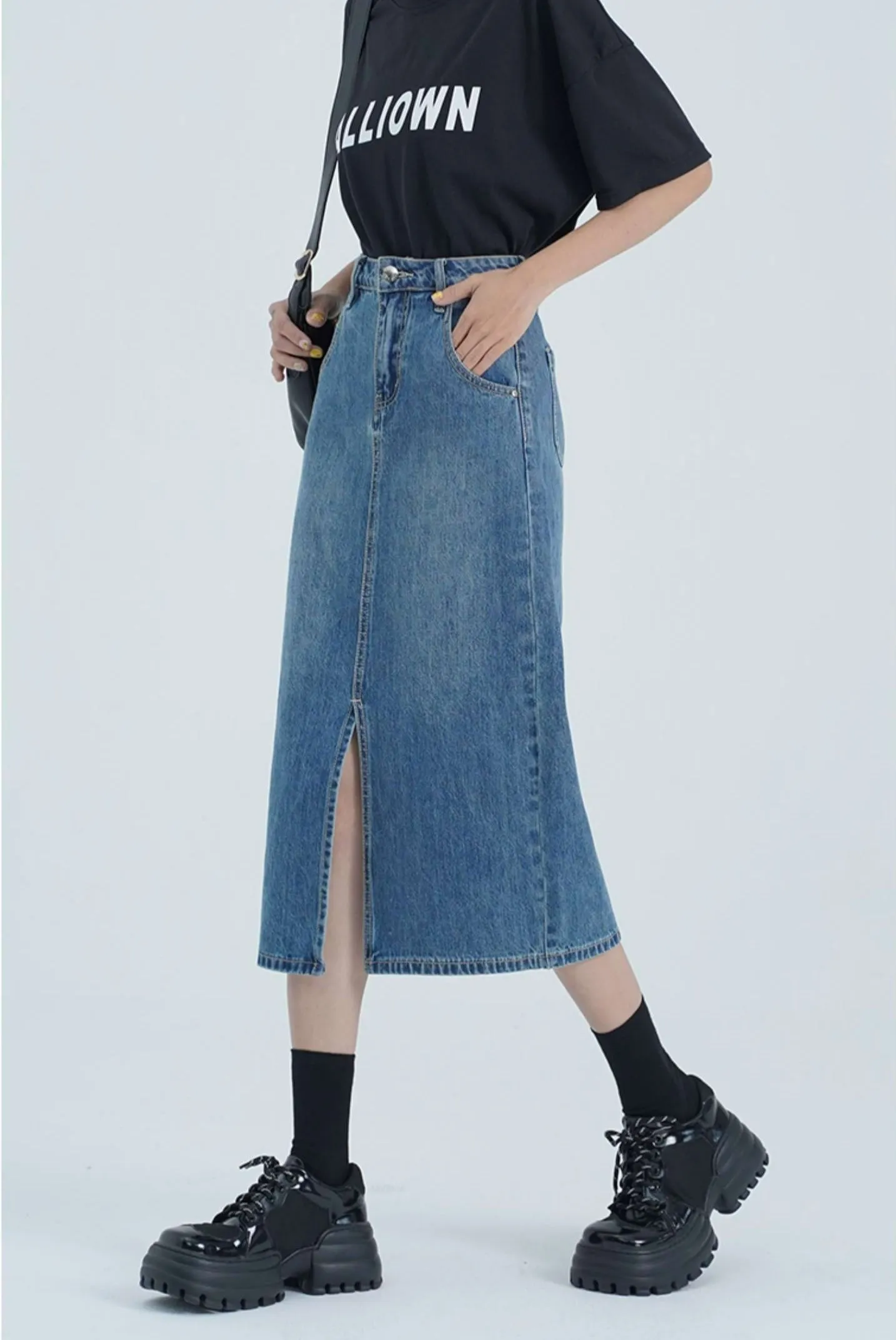 Classic Midi Denim Skirt with Front Slit