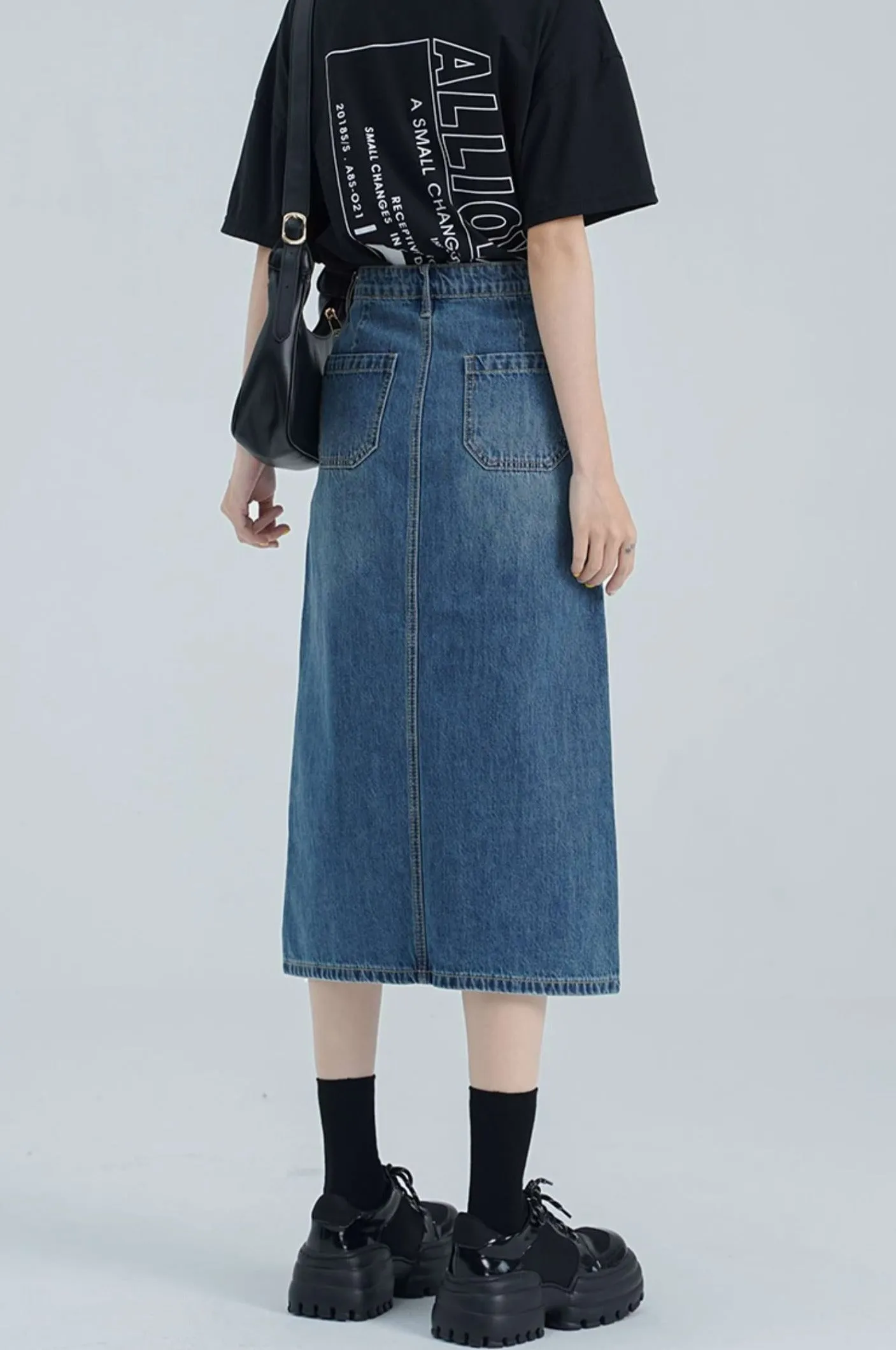 Classic Midi Denim Skirt with Front Slit