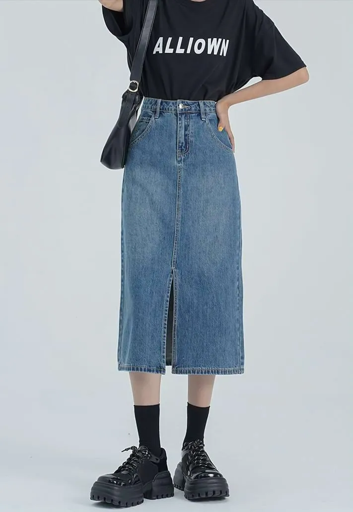 Classic Midi Denim Skirt with Front Slit