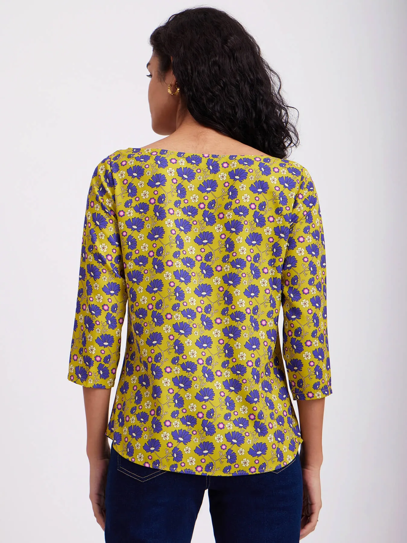 Floral Print Boat Neck Top - Acid Green