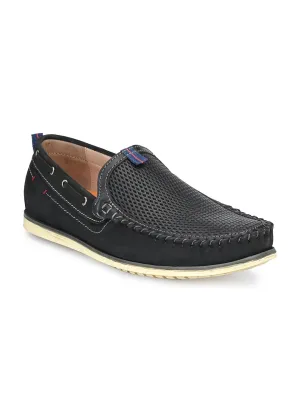 Hitz Men's Black Leather Moccasins Boat Shoes