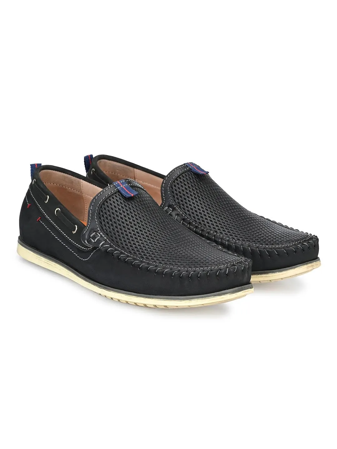 Hitz Men's Black Leather Moccasins Boat Shoes