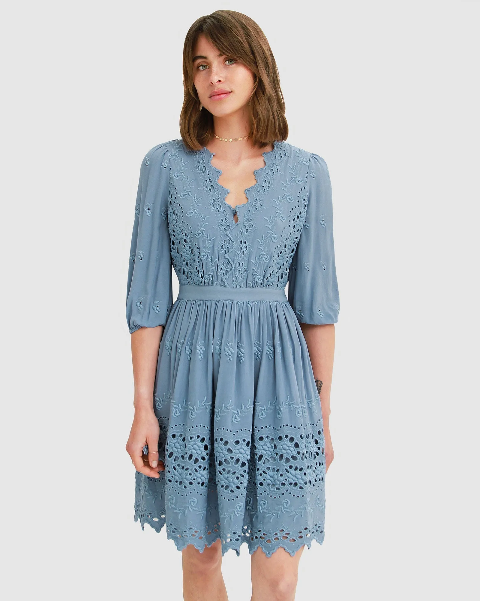 Sweet Talk Eyelet Mini Dress - Dusty Blue