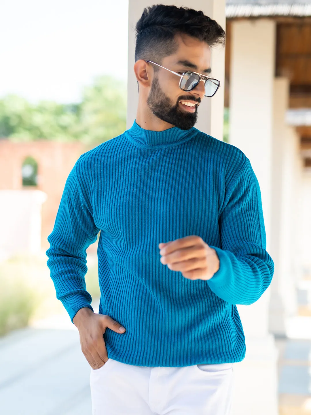 Teal Blue Color Turtle Neck Sweater