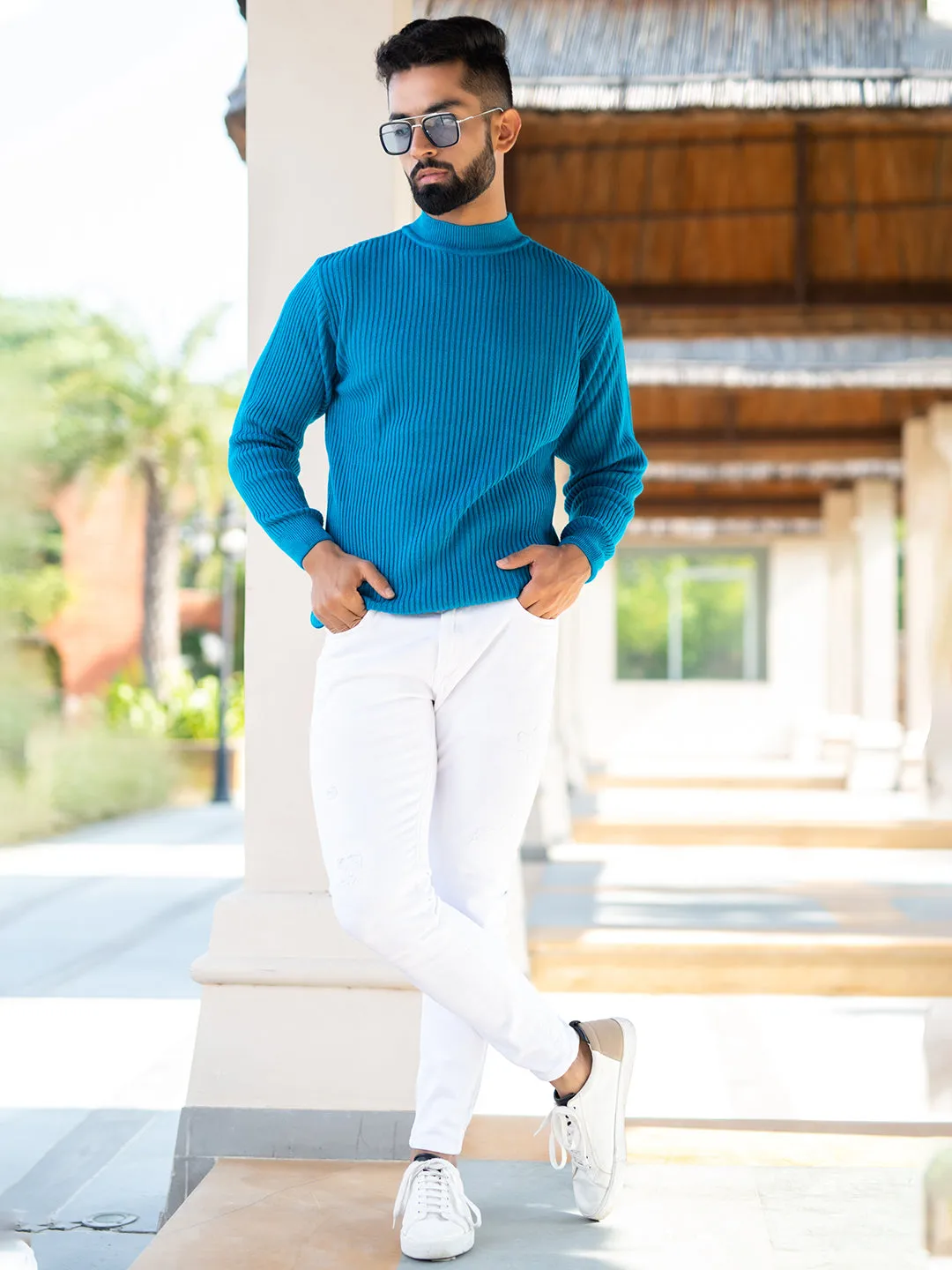 Teal Blue Color Turtle Neck Sweater