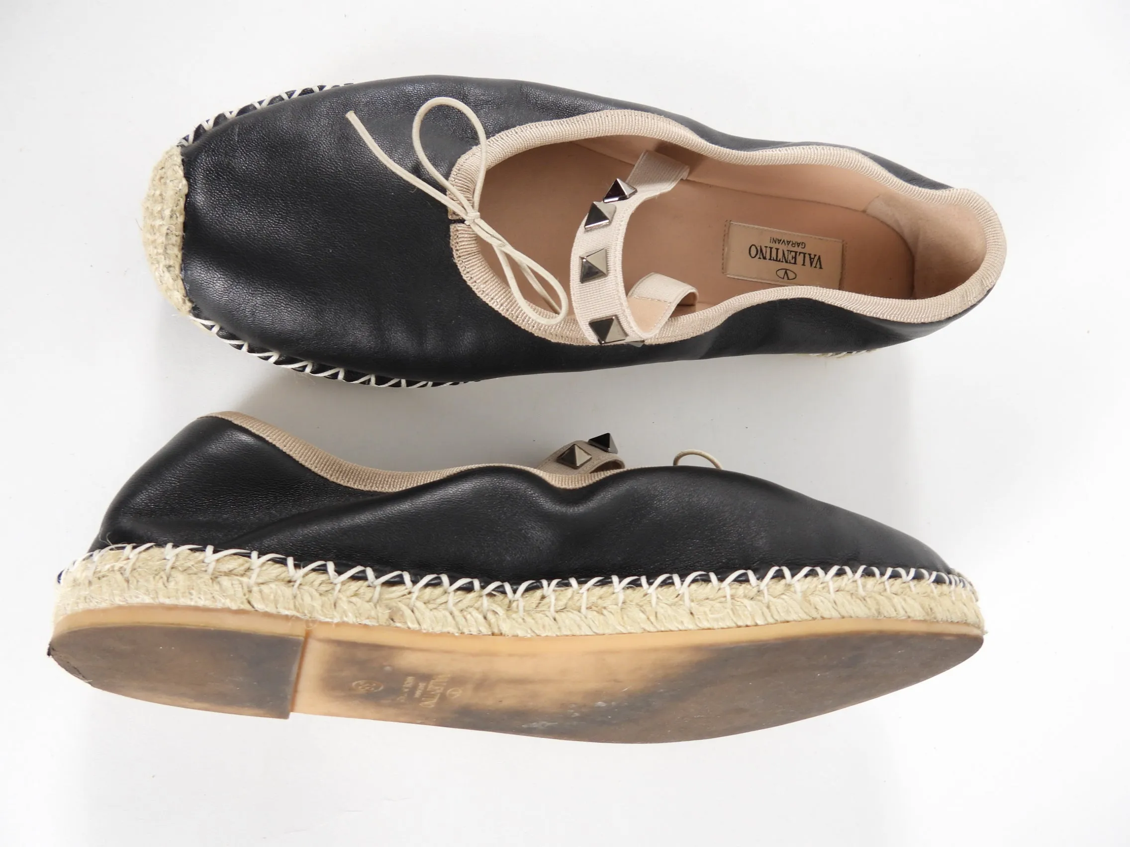 Valentino Black Leather Rockstud Espadrille Ballerina Flats - 38 / 8